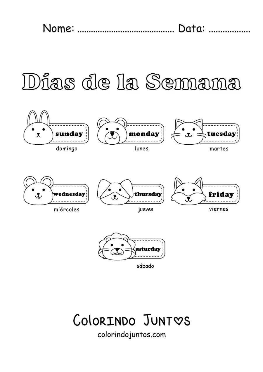 Desenho para colorir de fichas com os dias da semana em inglês e espanhol