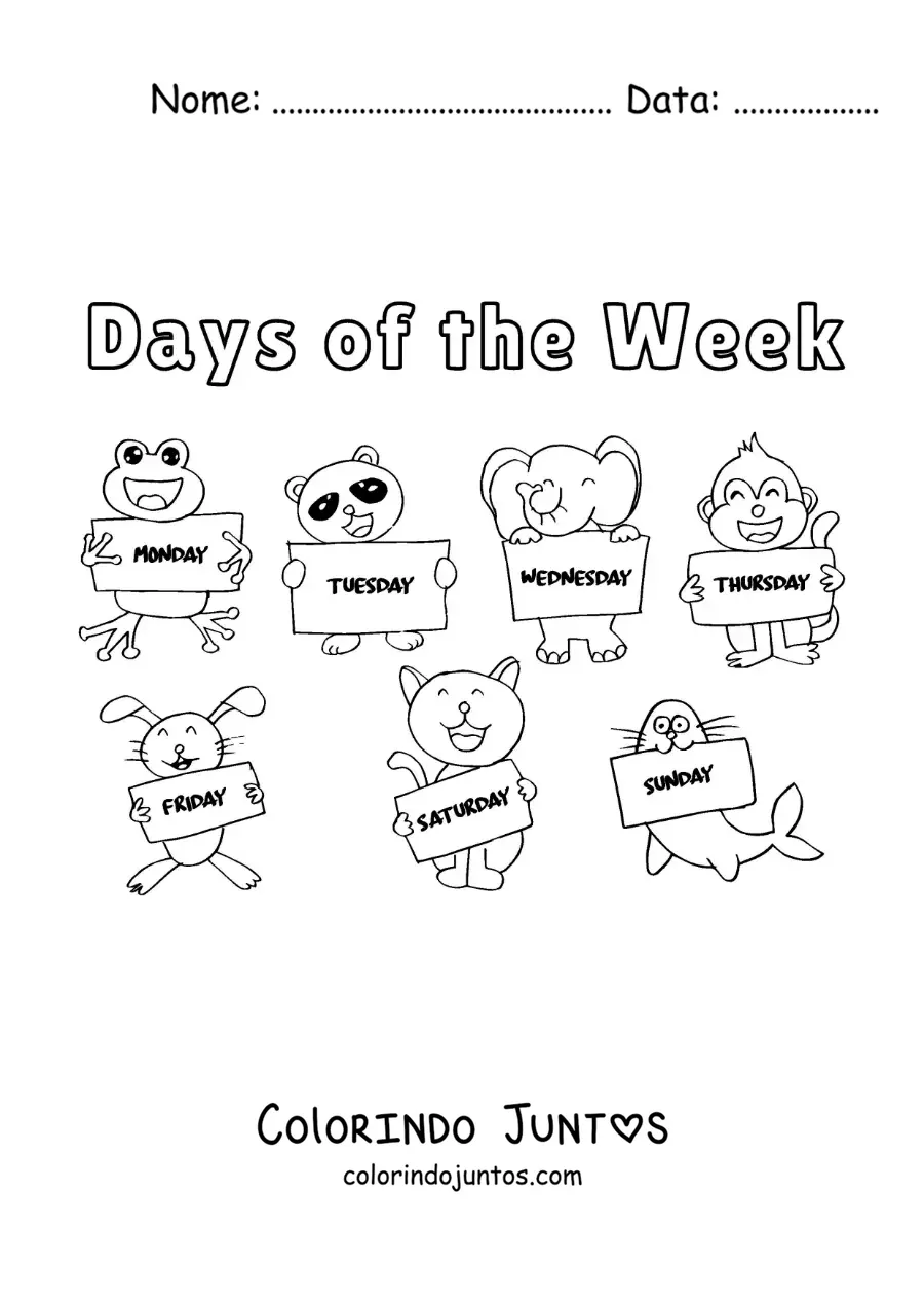 Desenho para colorir de animais animados com os dias da semana em inglês