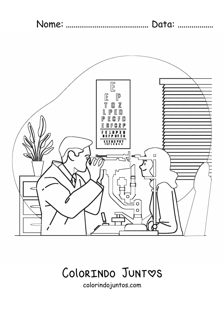 Desenho para colorir de um oftalmologista examinando uma paciente