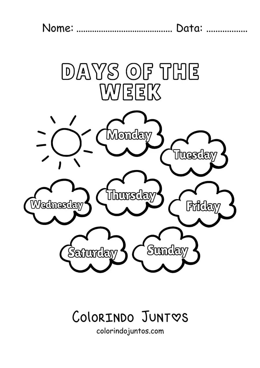 Desenho para colorir de nuvens com os dias da semana em inglês