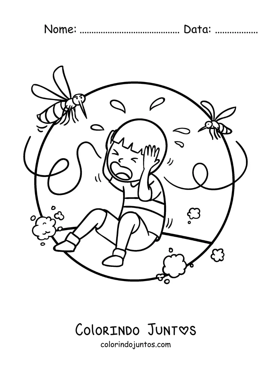 Desenho para colorir de mosquitos picando um menino