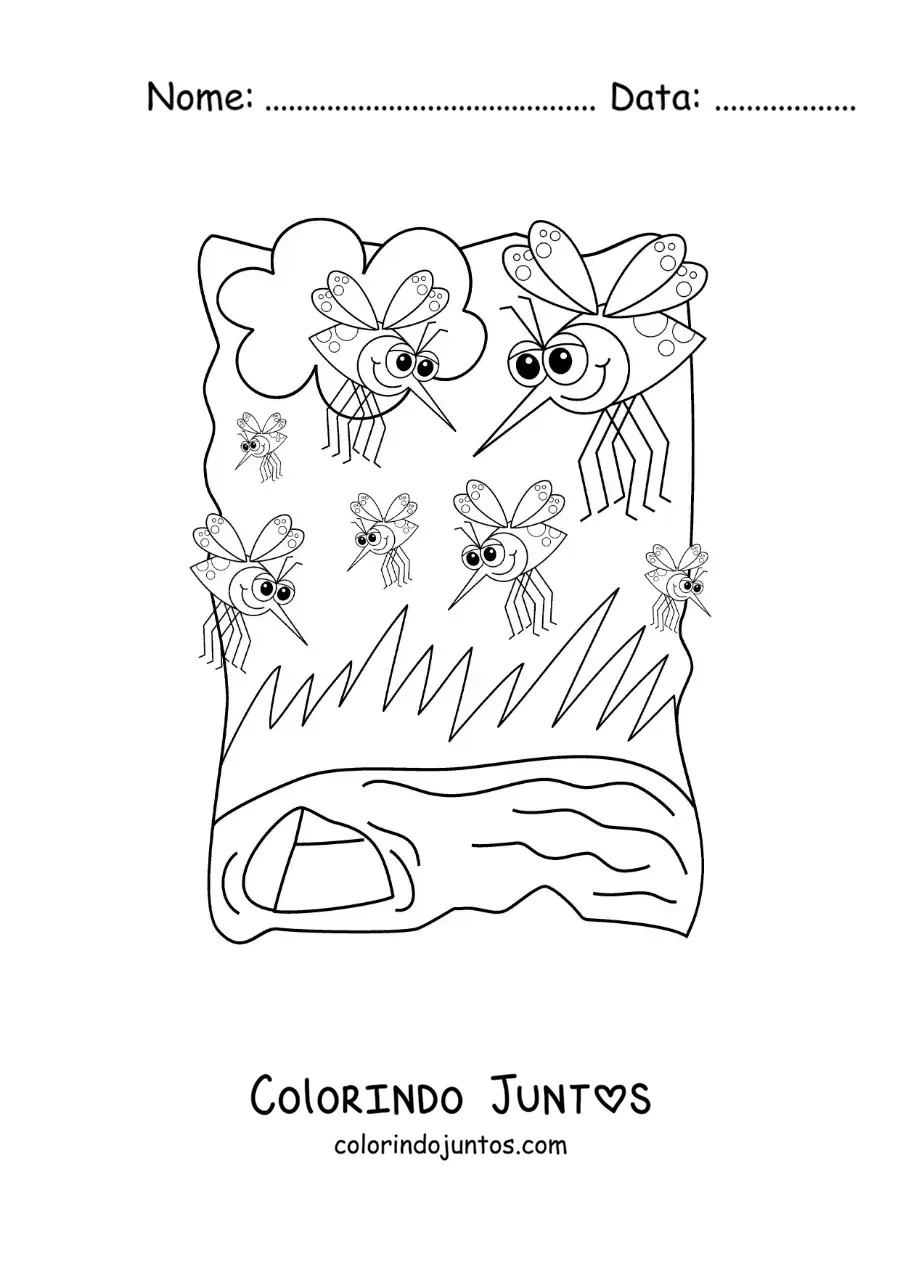 Desenho para colorir de pernilongos animados perto de um corpo de água