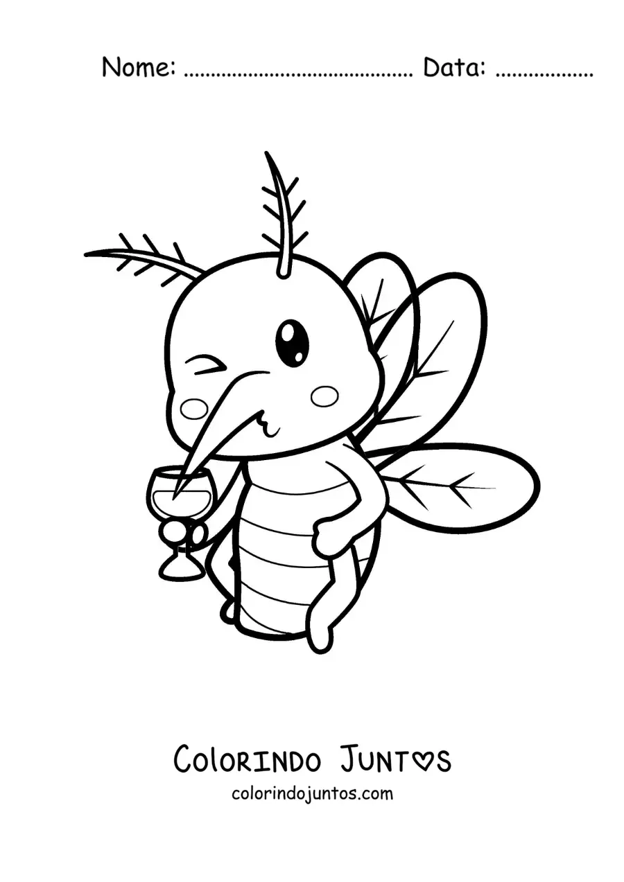 Desenho para colorir de um mosquito animado bebendo sangue de uma taça