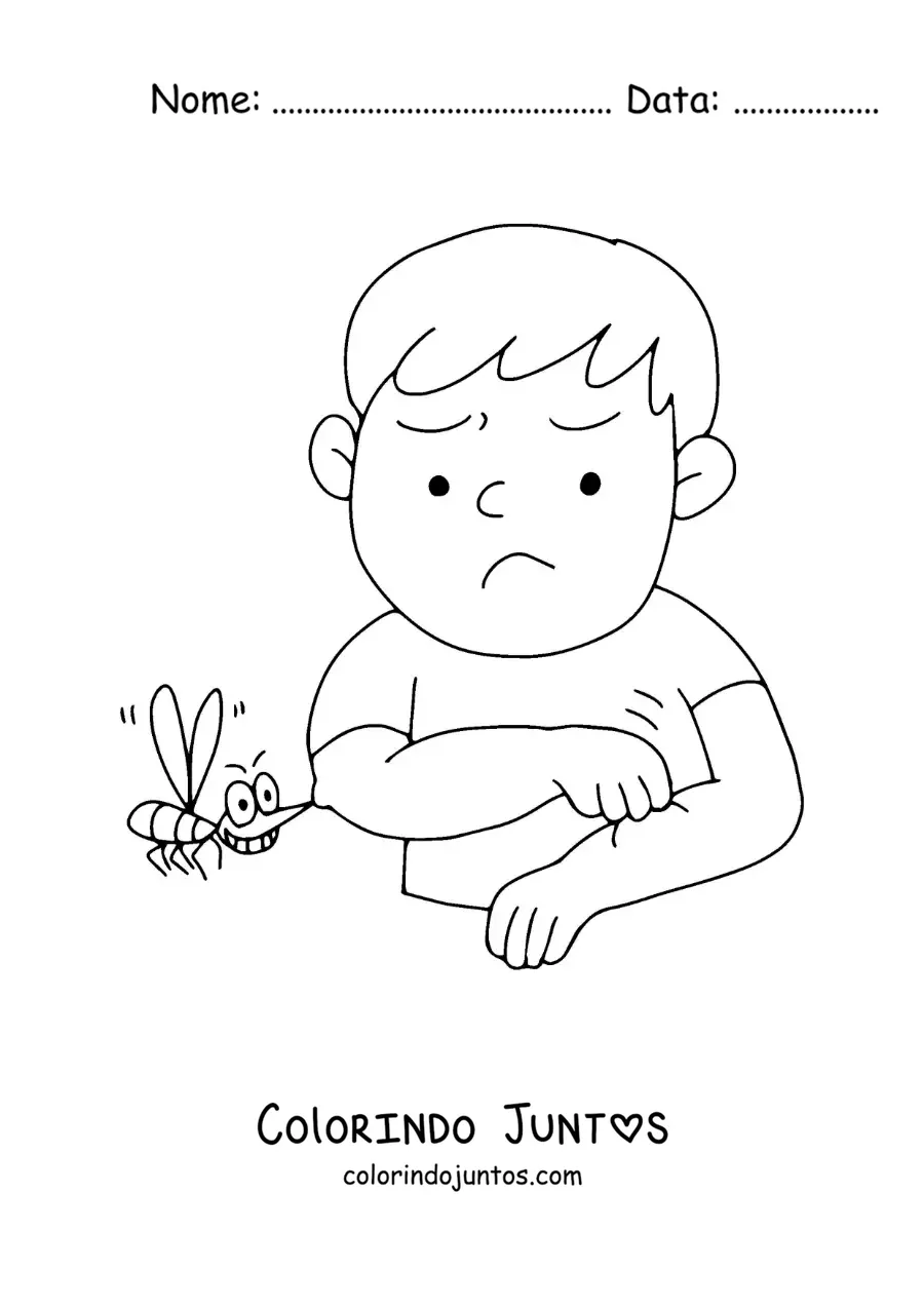 Desenho para colorir de um mosquito picando um menino