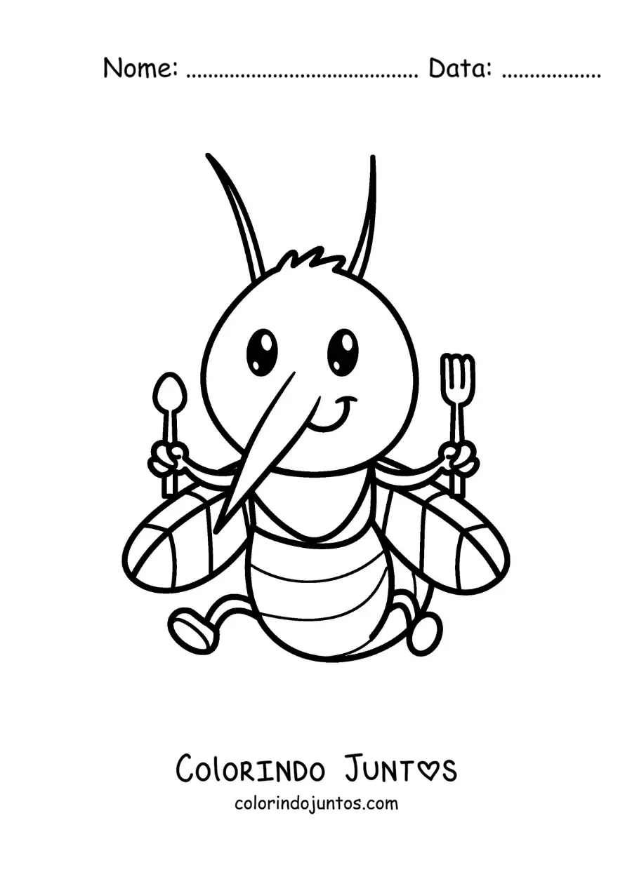 Desenho para colorir de um mosquito animado com talheres