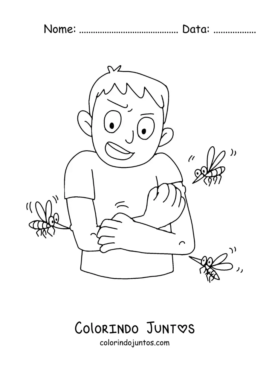 Desenho para colorir de um mosquito da dengue picando um menino