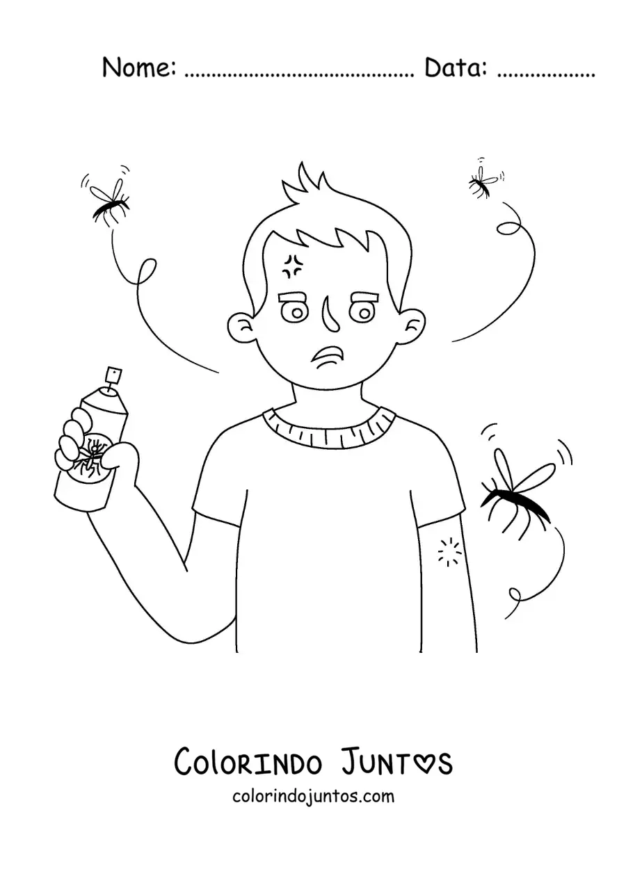 Desenho para colorir de um menino com repelente de mosquitos