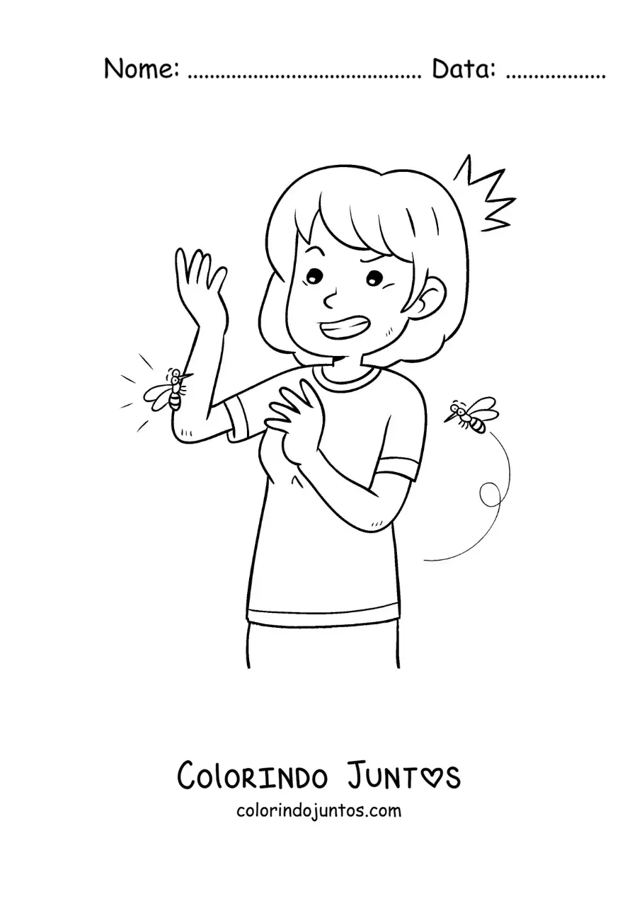 Desenho para colorir de um mosquito picando uma menina