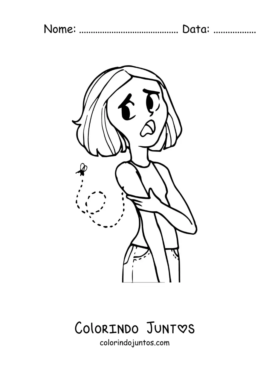 Desenho para colorir de uma menina com uma picada de mosquito