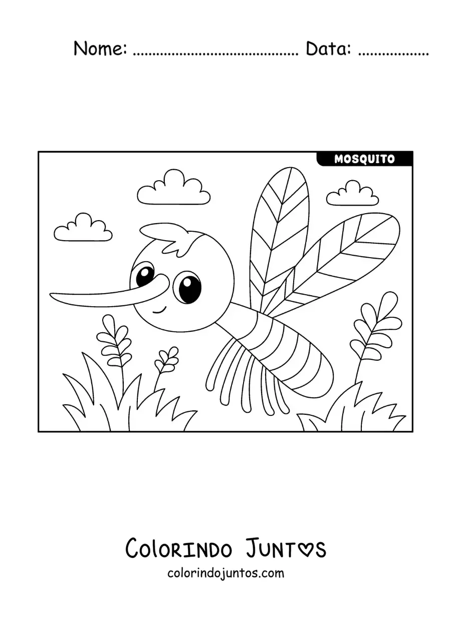 Desenho para colorir de um mosquito Aedes aegypti animado com flores