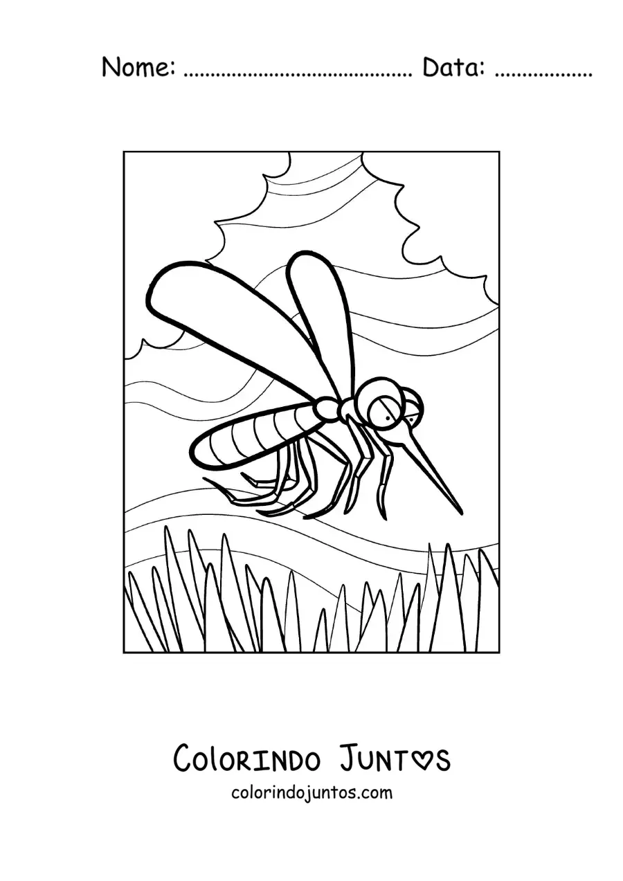 Desenho para colorir de um mosquito animado malvado voando
