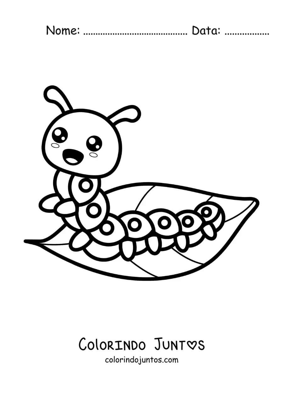 Desenho para colorir de uma lagarta kawaii em uma folha