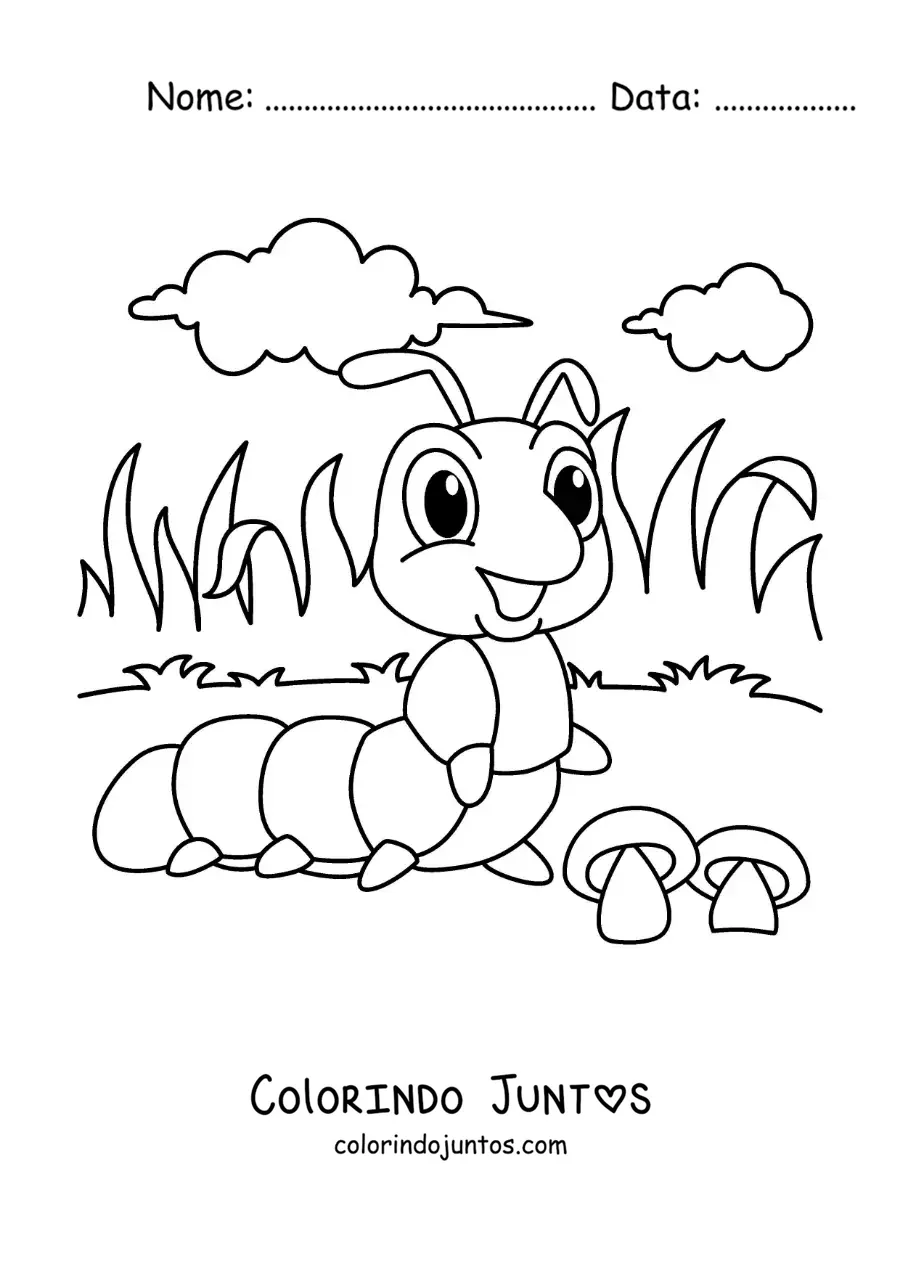 Desenho para colorir de uma lagarta animada no jardim