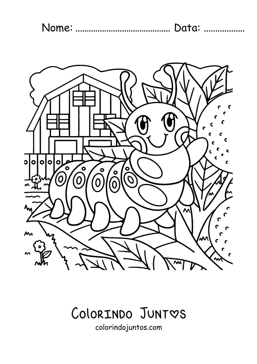 Desenho para colorir de uma lagarta animada em uma folha