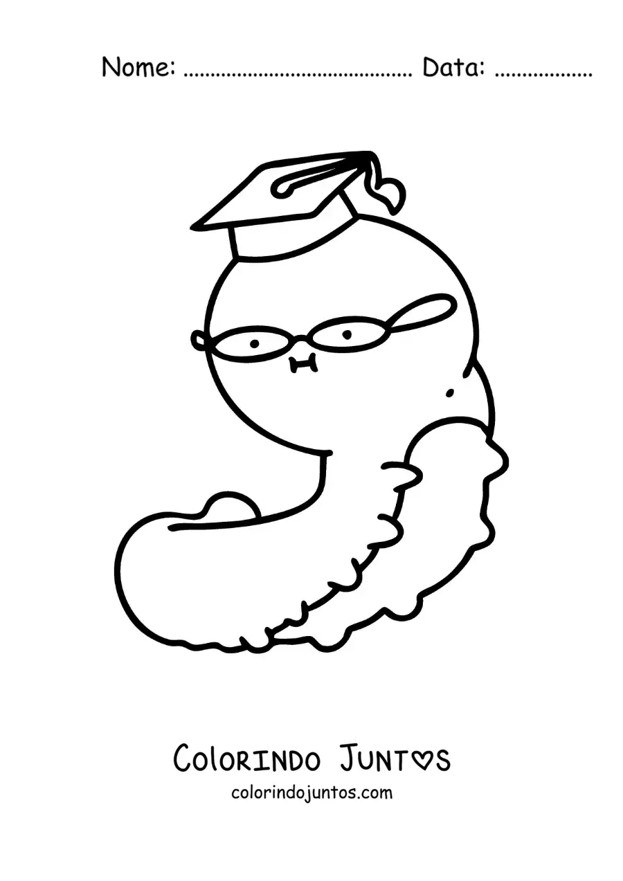 Desenho para colorir de uma lagarta animada com chapéu de formatura