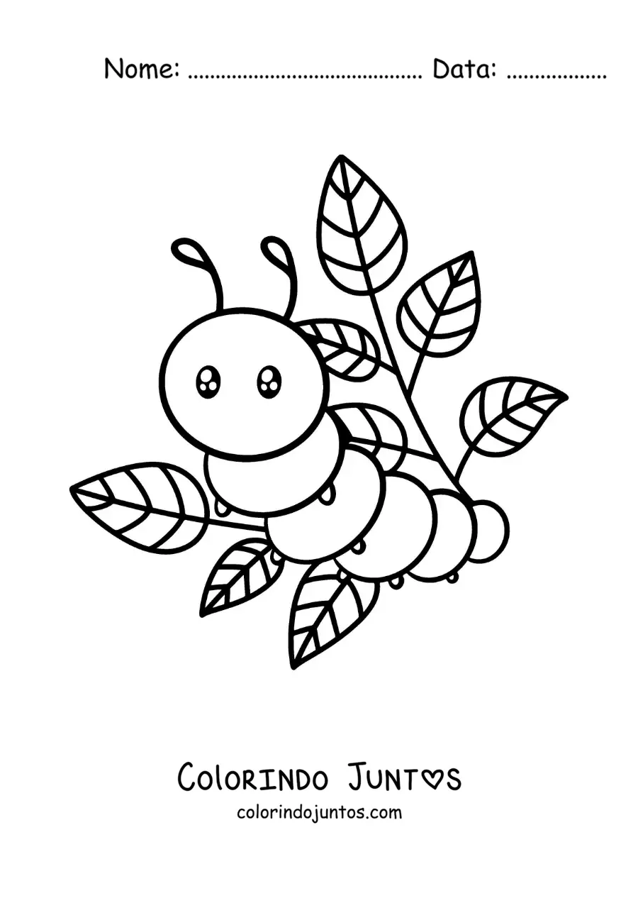 Desenho para colorir de uma lagarta kawaii com folhas