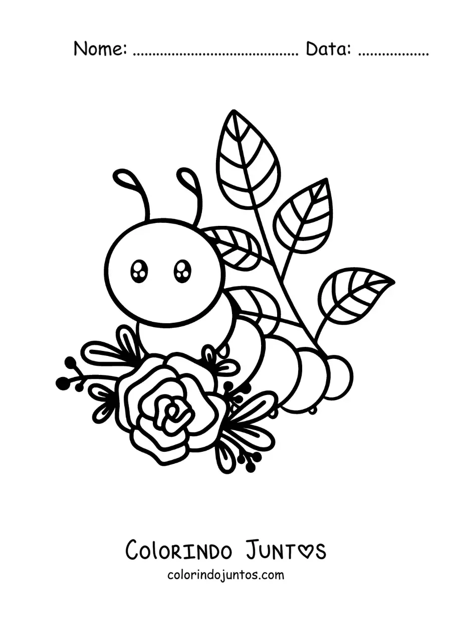 Desenho para colorir de uma lagarta kawaii com folhas e flores