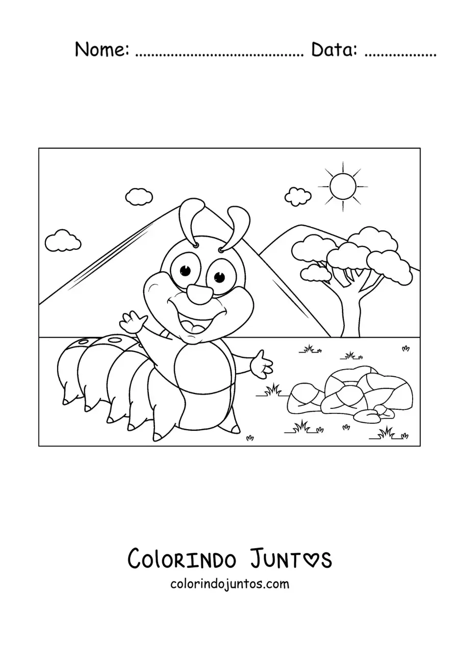 Desenho para colorir de uma lagarta animada sorridente no campo