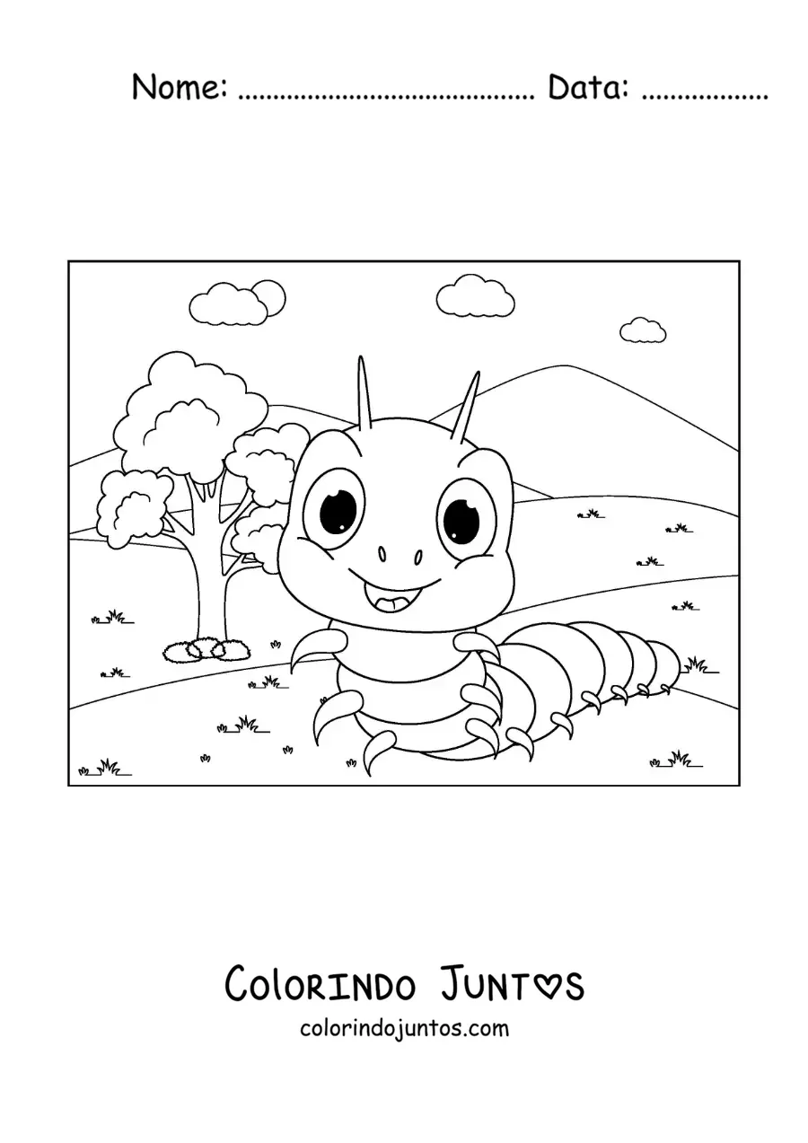 Desenho para colorir de uma lagarta animada feliz no parque