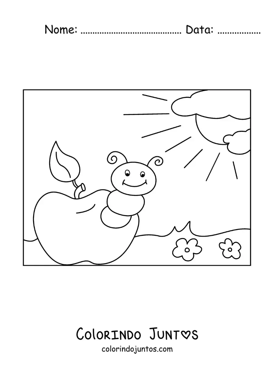Desenho para colorir de uma lagarta animada em uma maçã