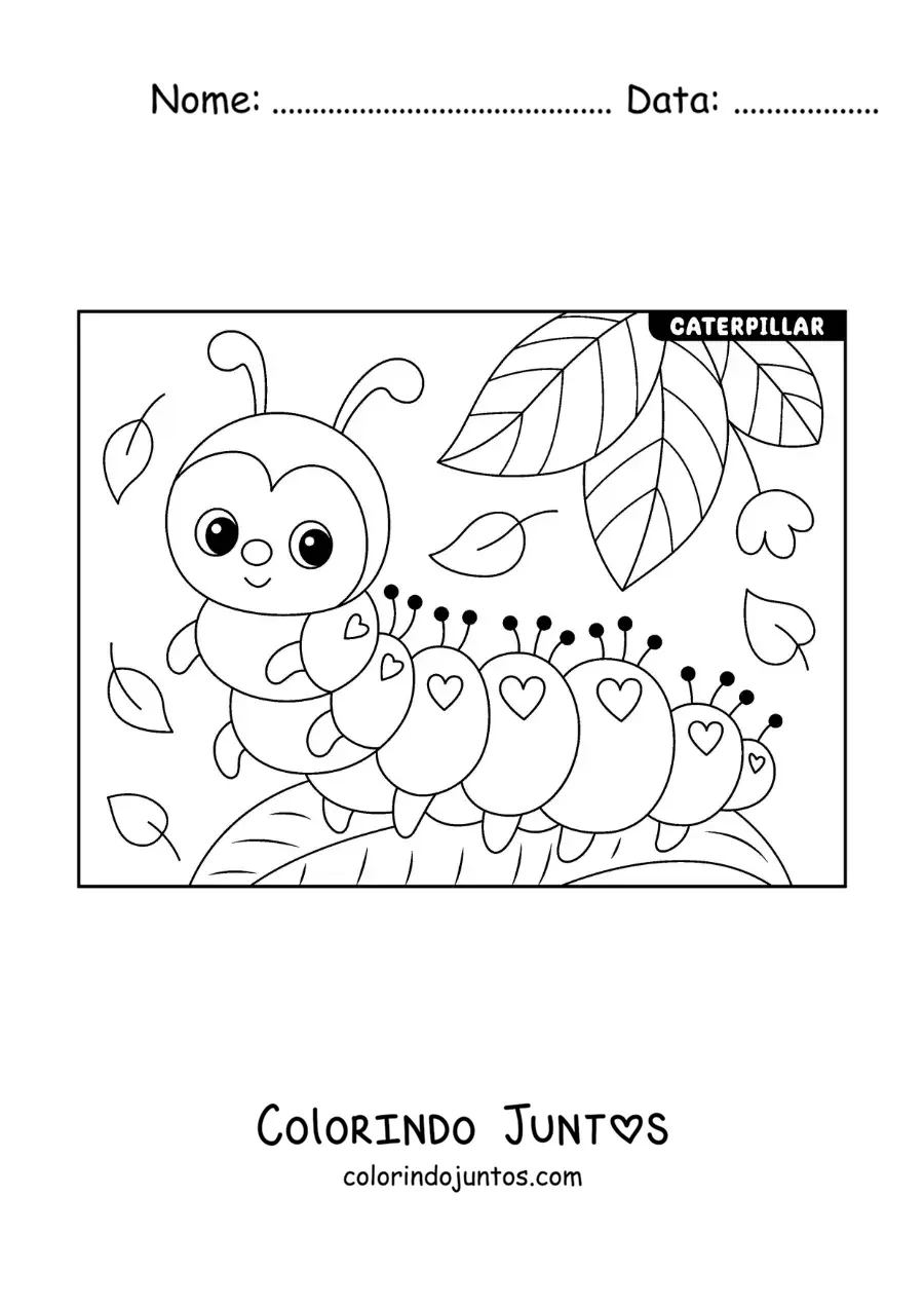 Desenho para colorir de uma lagarta animada bonita em uma folha