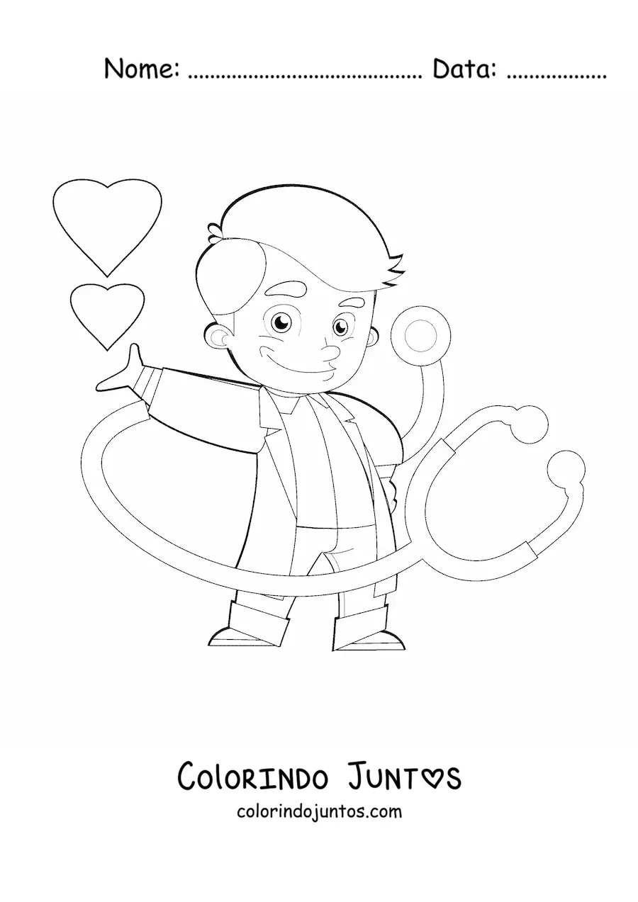 Desenho para colorir de um medico animado com estetoscopio rodeado de coracoes