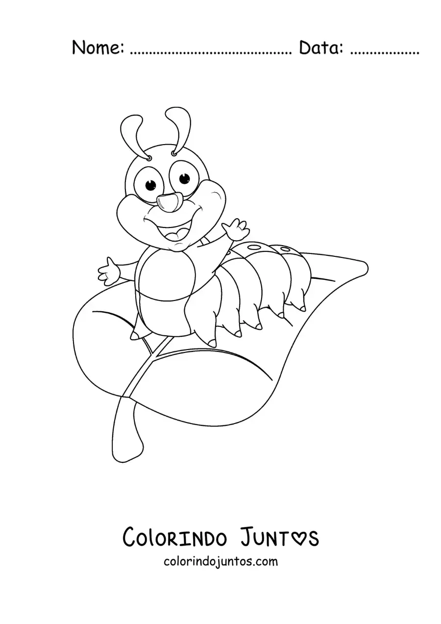 Desenho para colorir de uma lagarta sorridente em uma folha em desenho animado