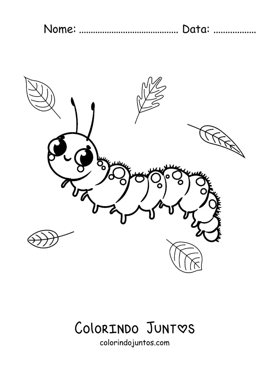 Desenho para colorir de uma lagarta infantil bonita com folhas