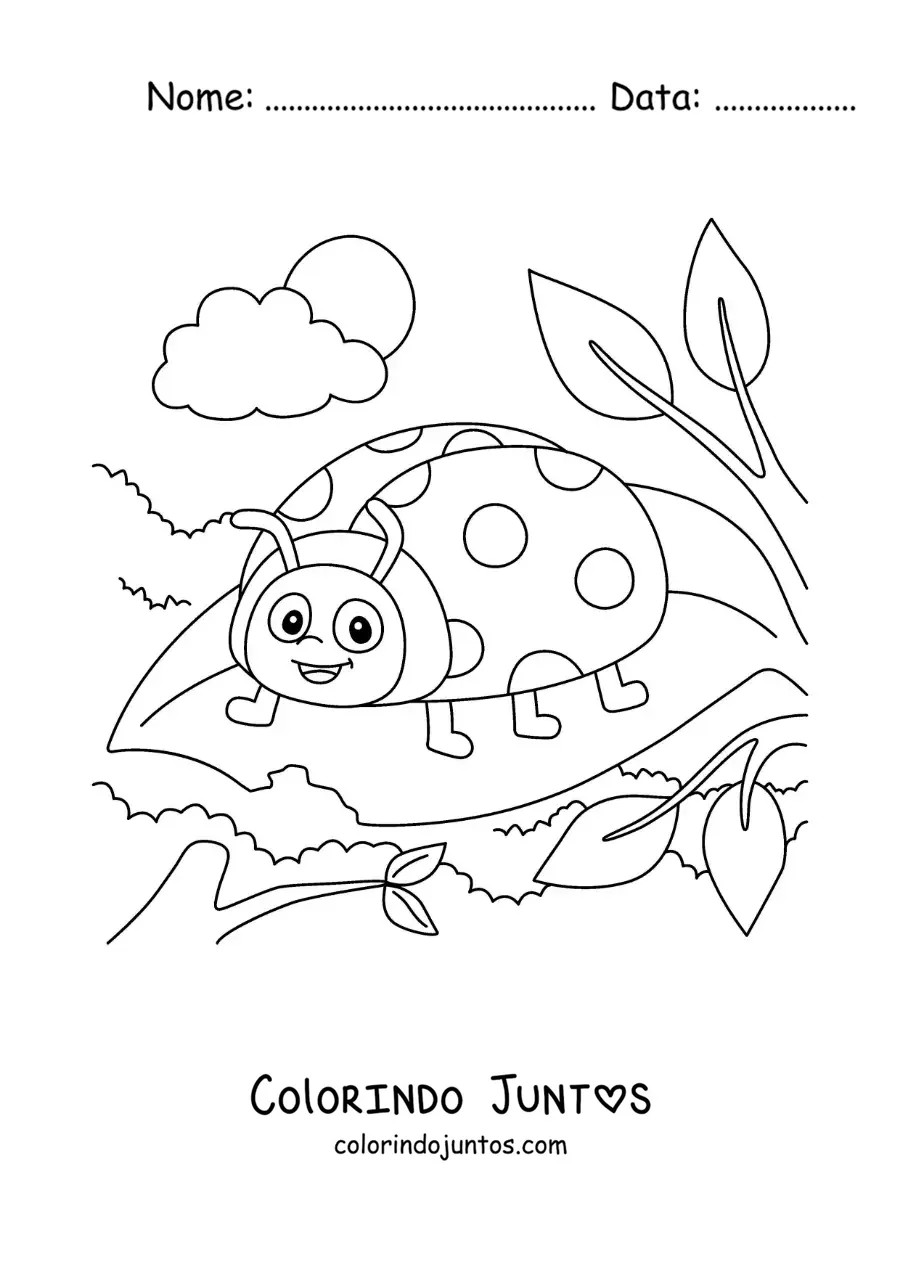 Desenho para colorir de uma joaninha animada comendo uma folha