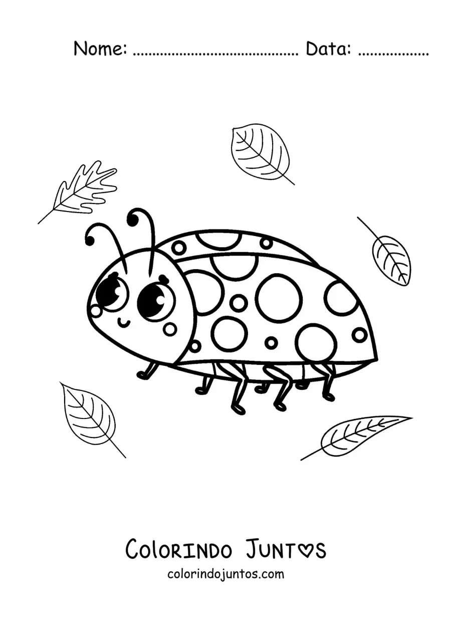 Desenho para colorir de uma joaninha kawaii com folhas