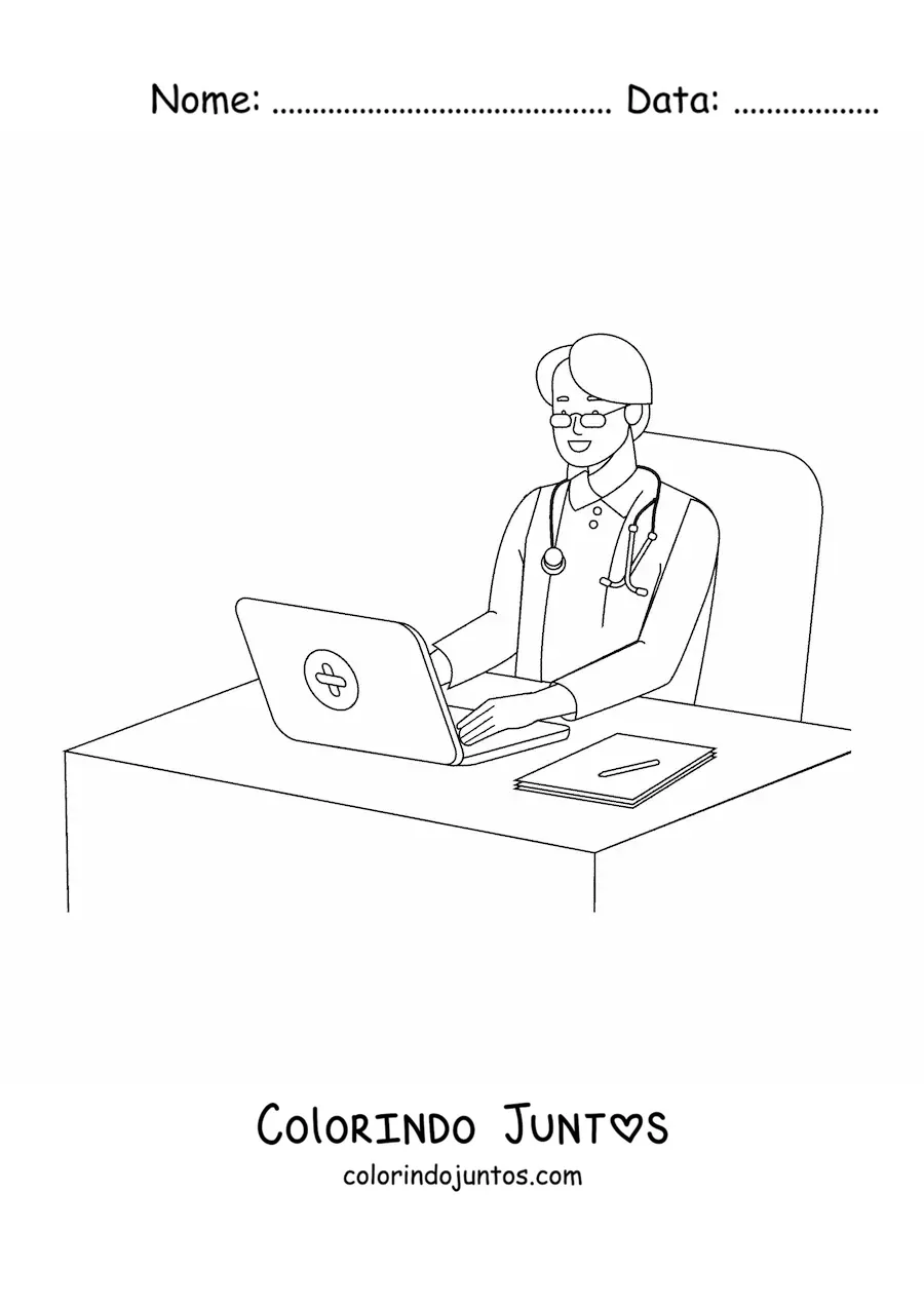 Desenho para colorir de um medico sentado diante de uma mesa em um consultorio