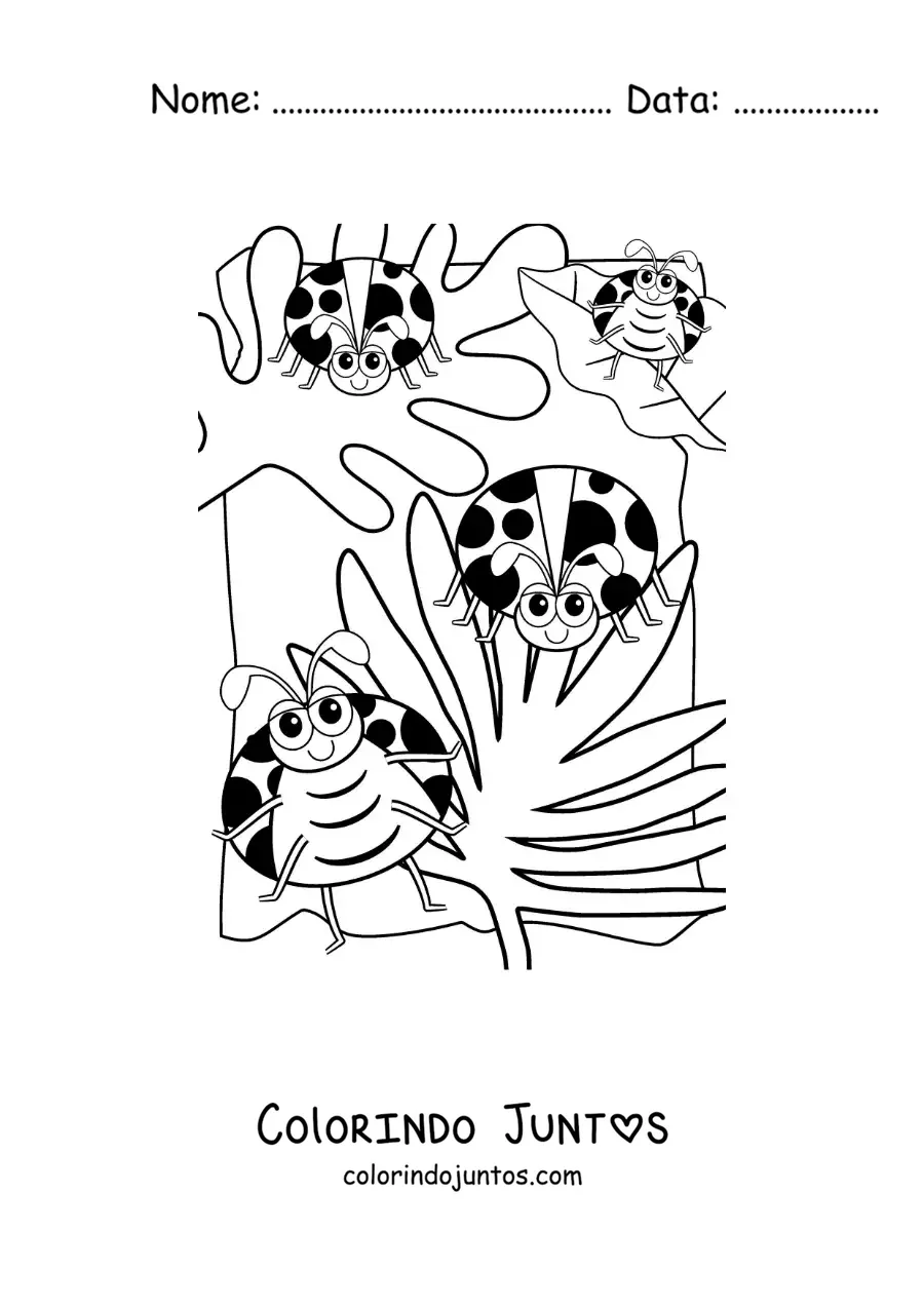 Desenho para colorir de joaninhas animadas em um jardim