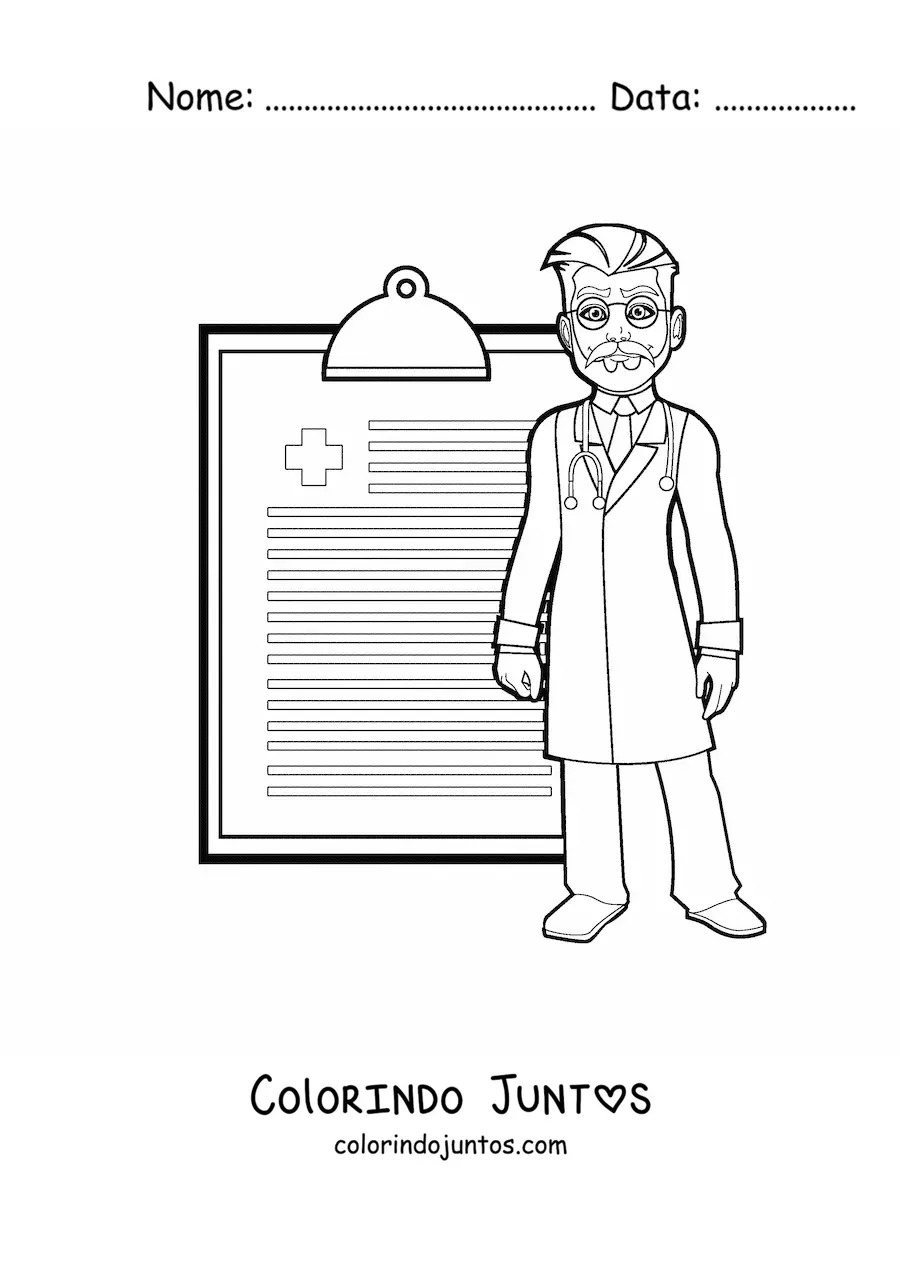Desenho para colorir de um medico junto a uma receita medica