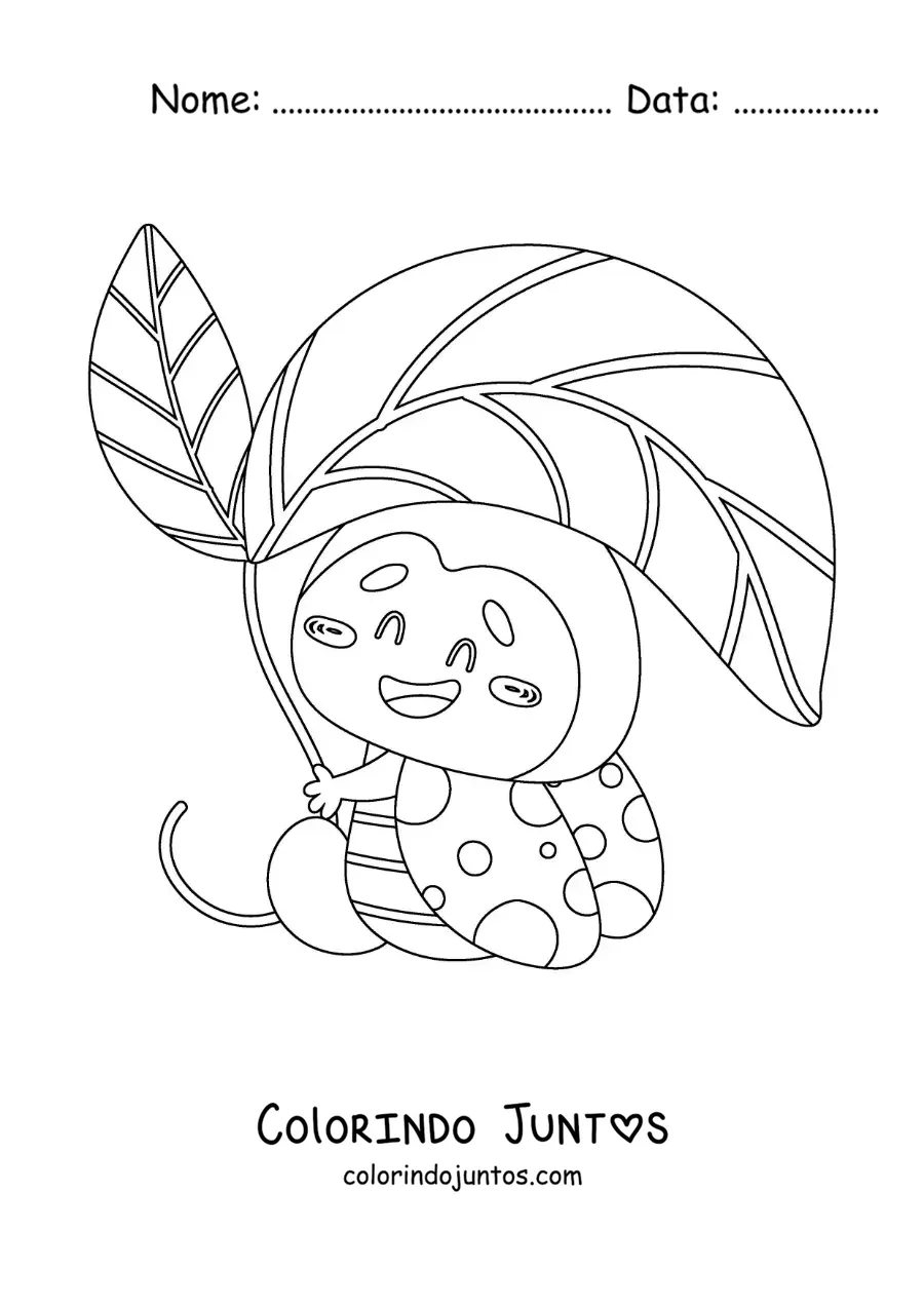Desenho para colorir de uma joaninha animada com uma folha