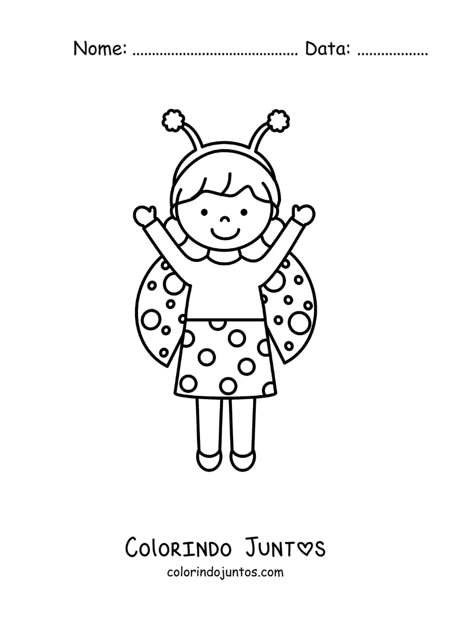 Desenho para colorir de menina fantasiada de joaninha