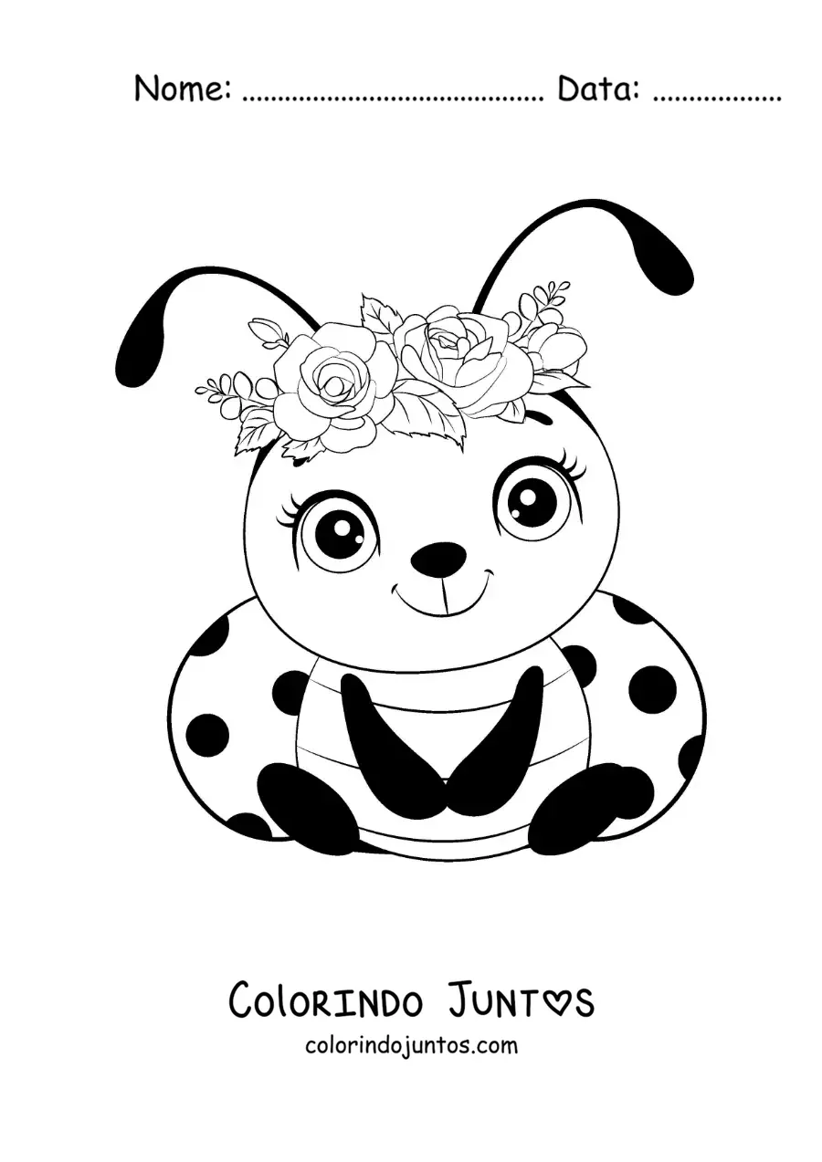 Desenho para colorir de uma joaninha bebê bonita com flores