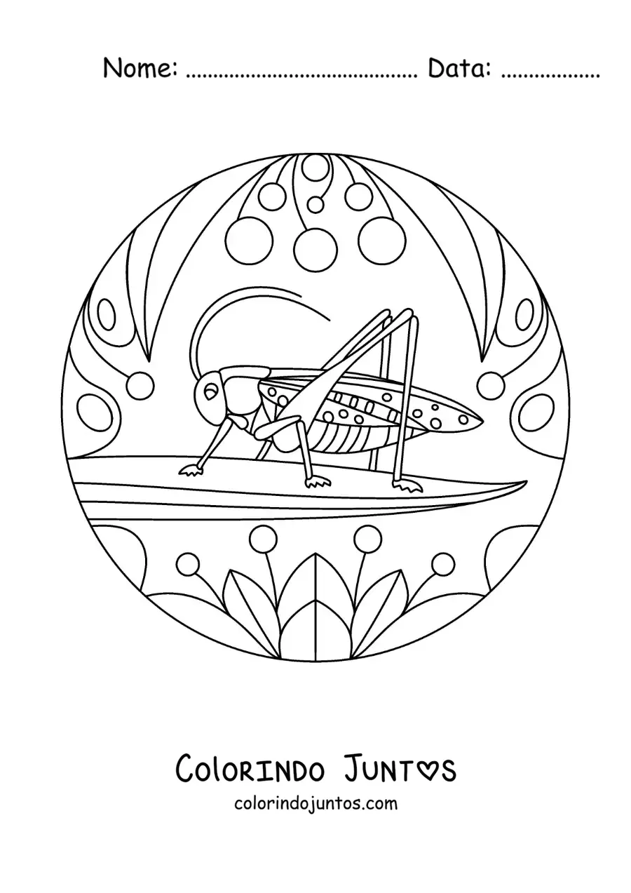 Desenho para colorir de um grilo com flores