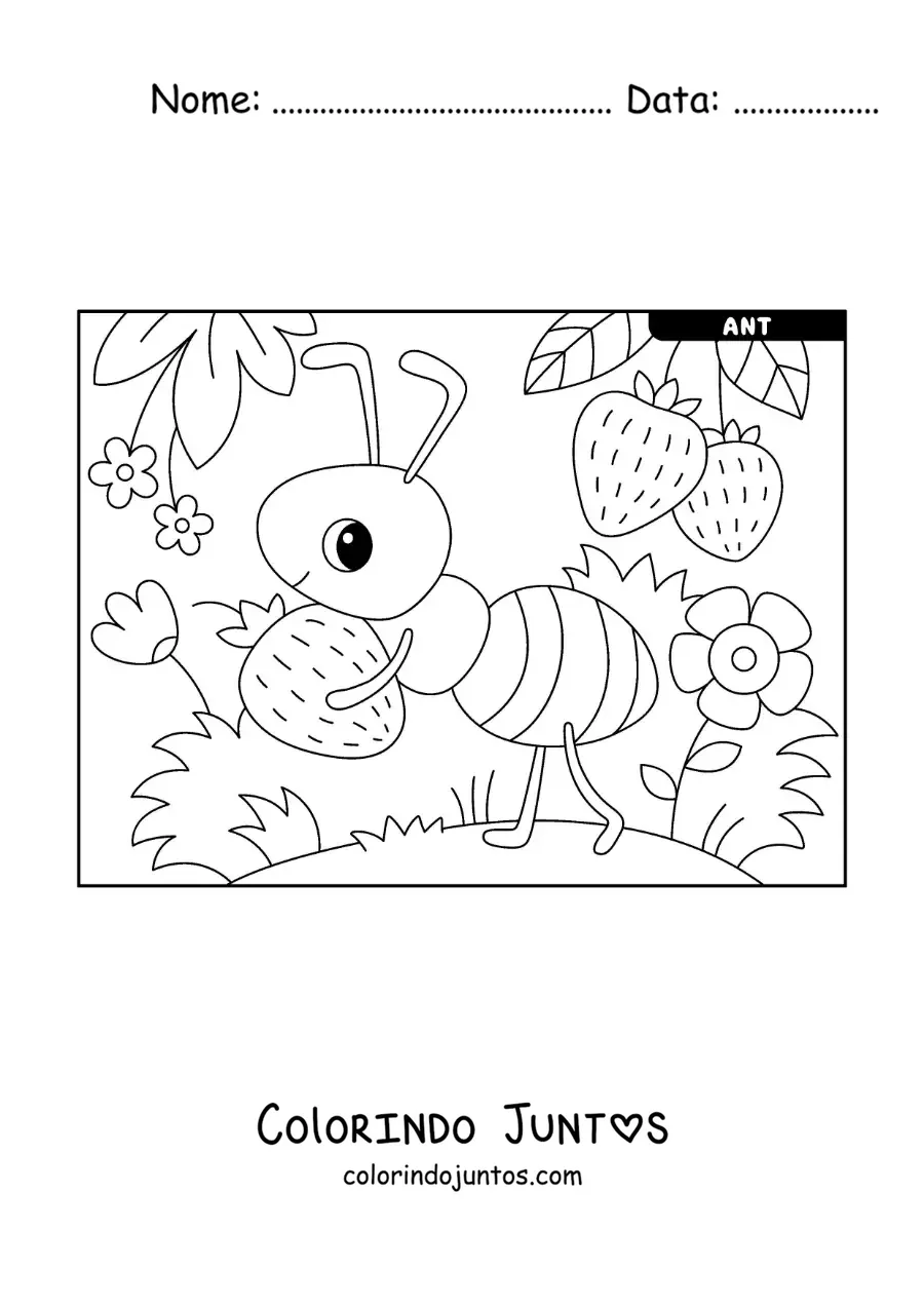Desenho para colorir de uma formiga kawaii trabalhando colhendo morangos