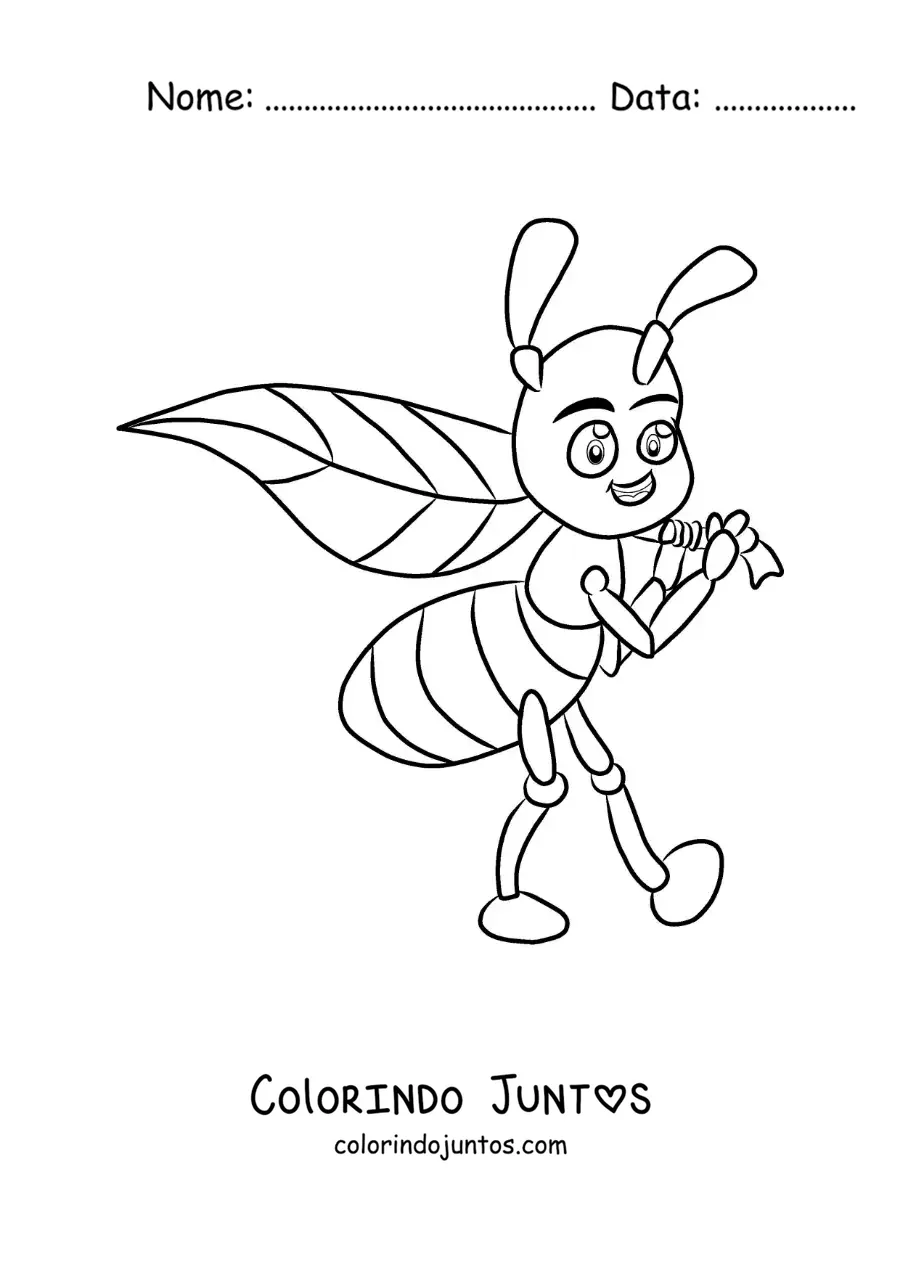 Desenho para colorir de uma formiga animada carregando uma folha
