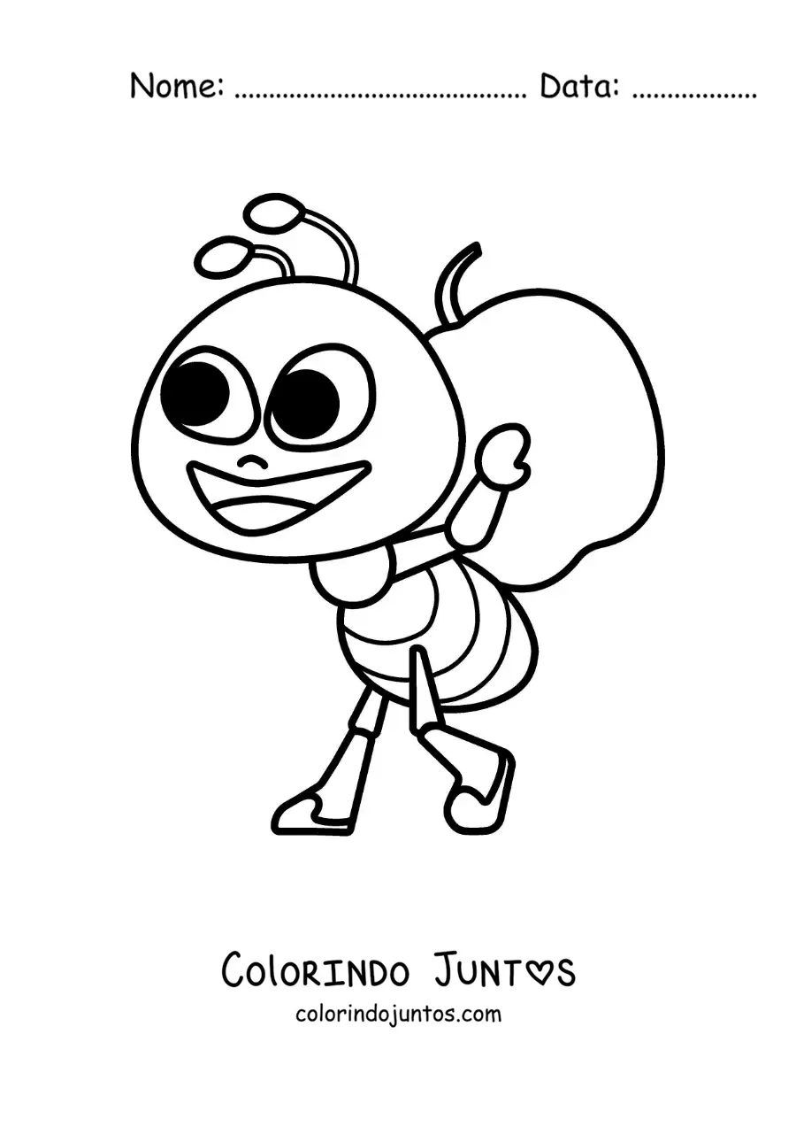 Desenho para colorir de uma formiga animada coletando comida