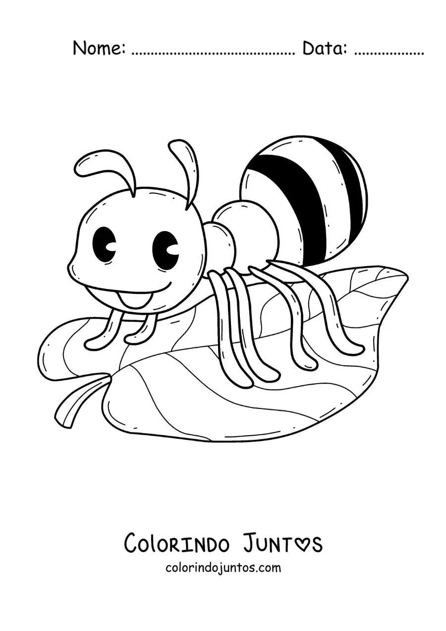 Desenho para colorir de uma formiga animada em uma folha