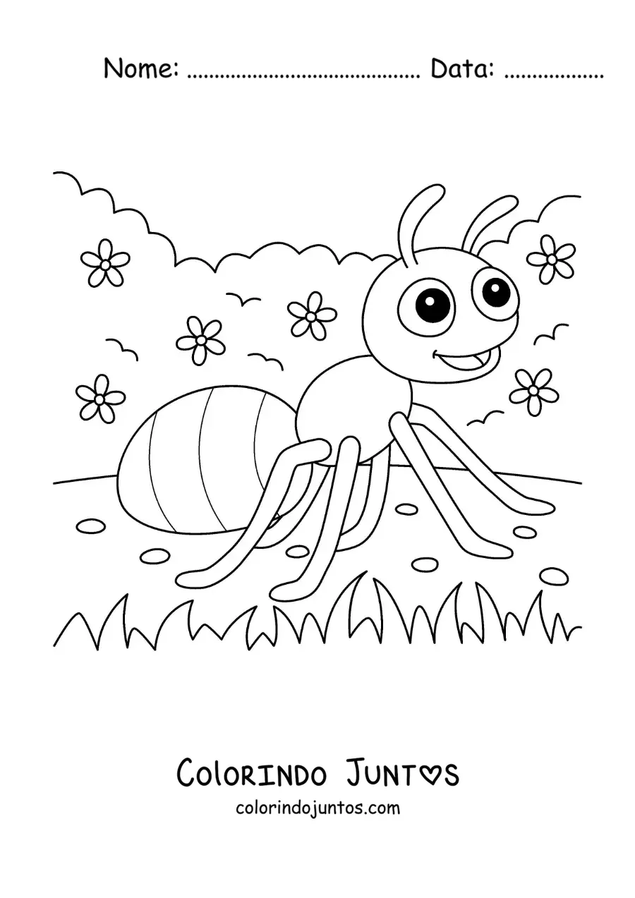 Desenho para colorir de uma formiga animada em um jardim