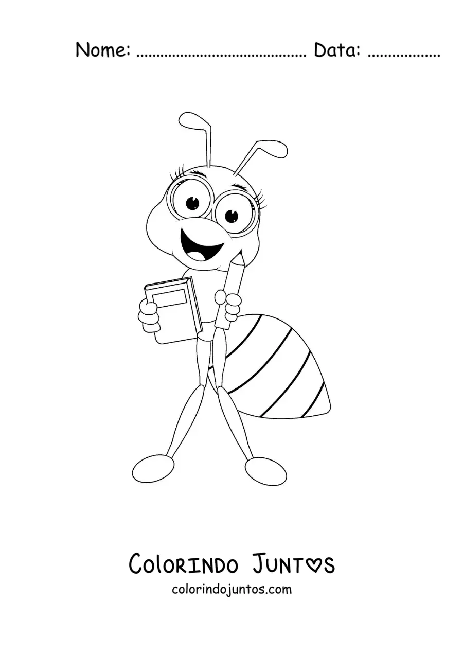 Desenho para colorir de uma formiga estudiosa animada