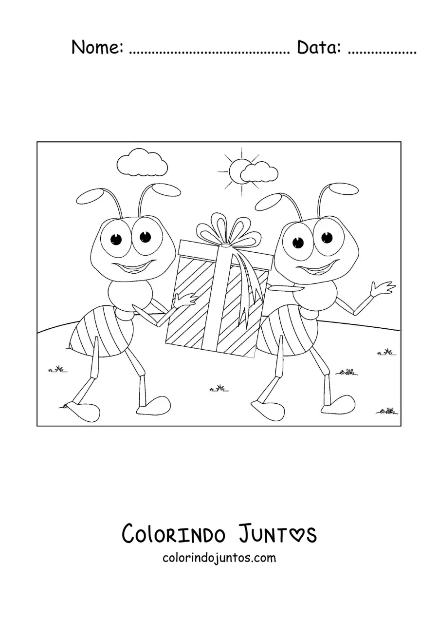 Desenho para colorir de formigas animadas trabalhando em equipe