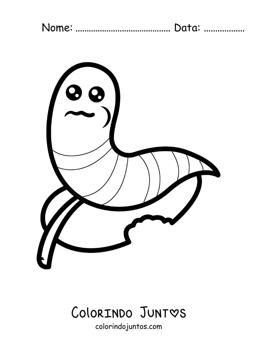 Desenho para colorir de uma minhoca kawaii fofa comendo uma folha