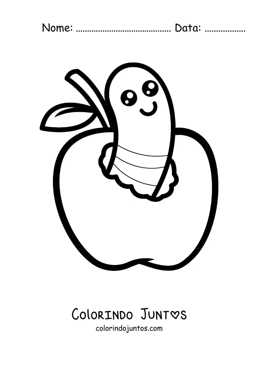 Desenho para colorir de uma minhoquinha kawaii em uma maçã