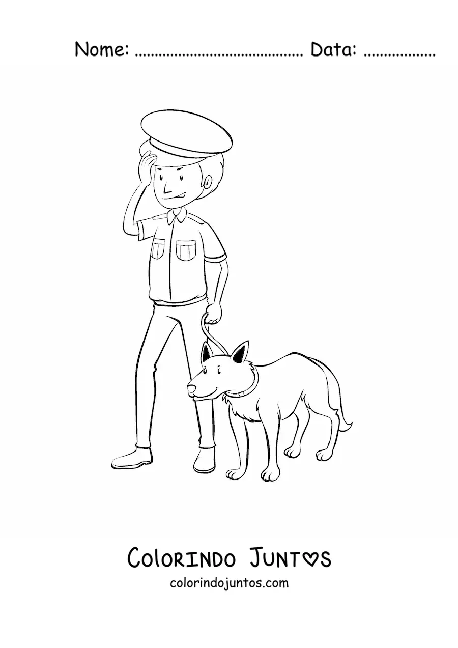 Desenho para colorir de um policial junto a um cachorro policial