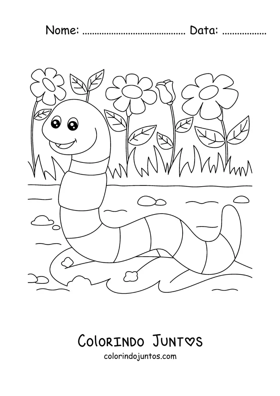 Desenho para colorir de uma minhoca de terra animada comendo uma folha