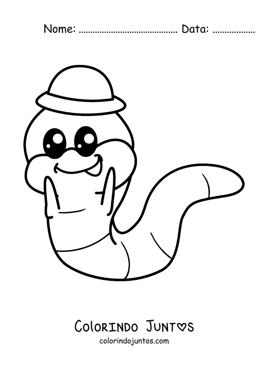 Desenho para colorir de minhoca engraçada kawaii com um chapéu