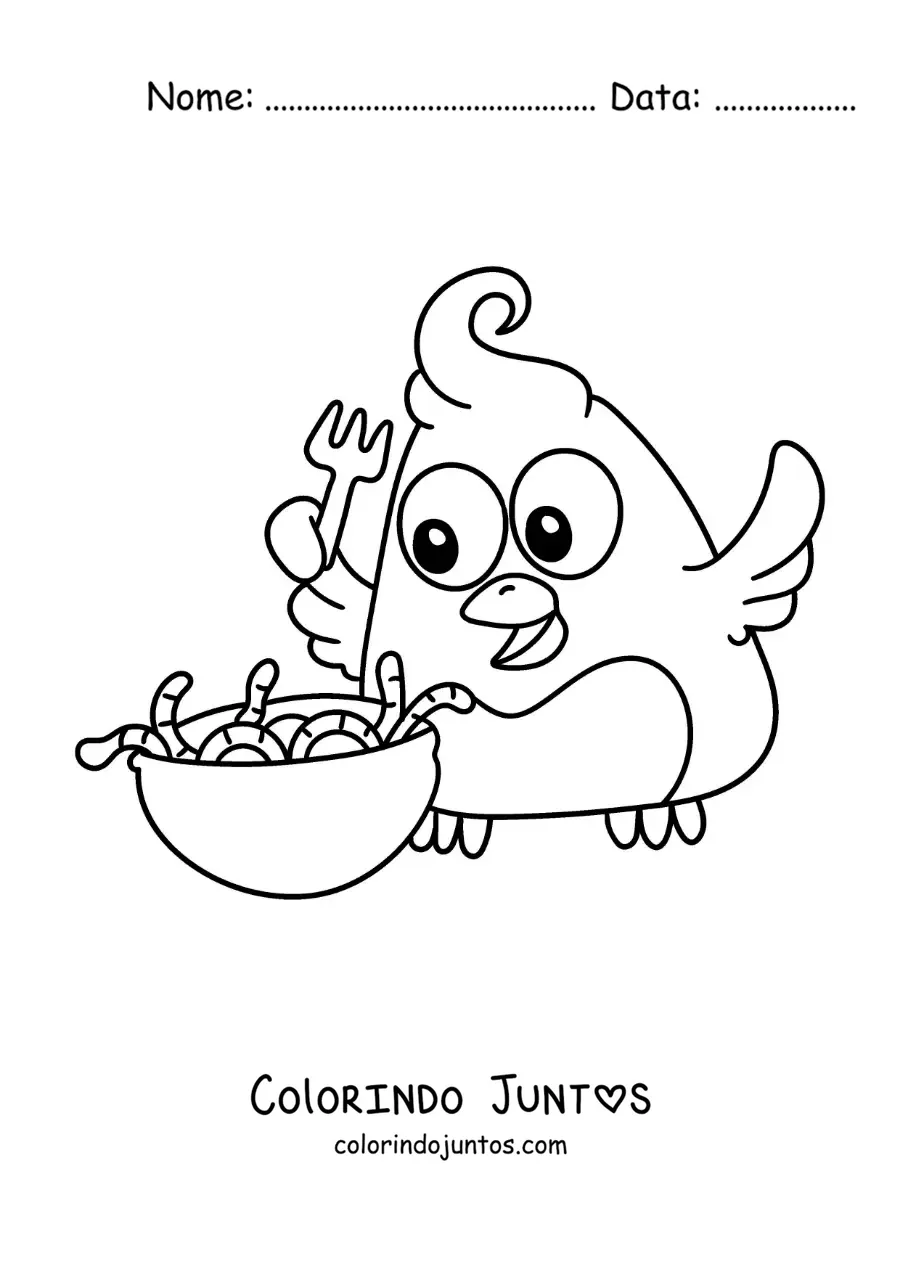 Desenho para colorir de um pássaro animado comendo um prato de minhocas
